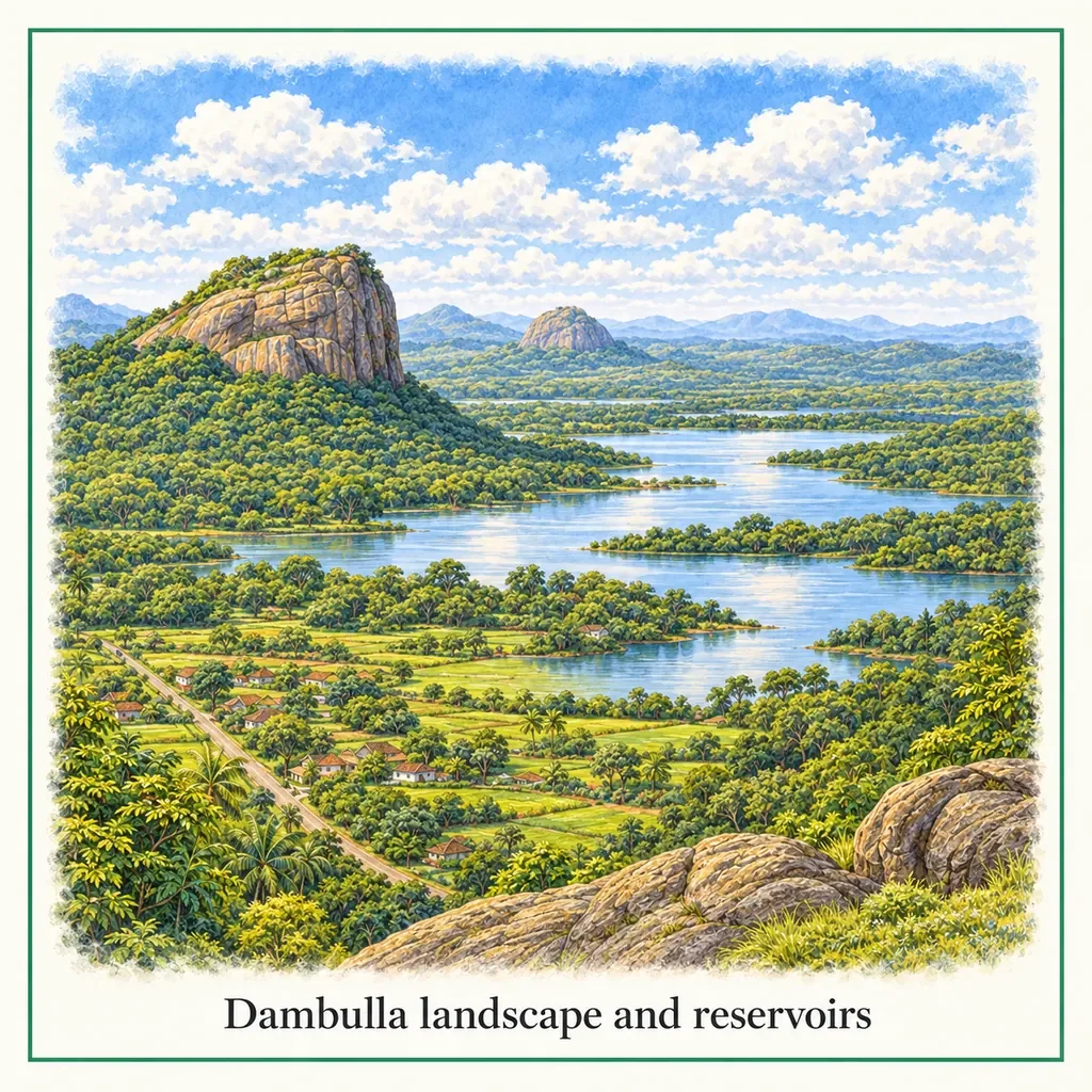 Watercolor postcard: Dambulla landscape Sri Lanka Sigiriya rock view lush nature scenic travel destination