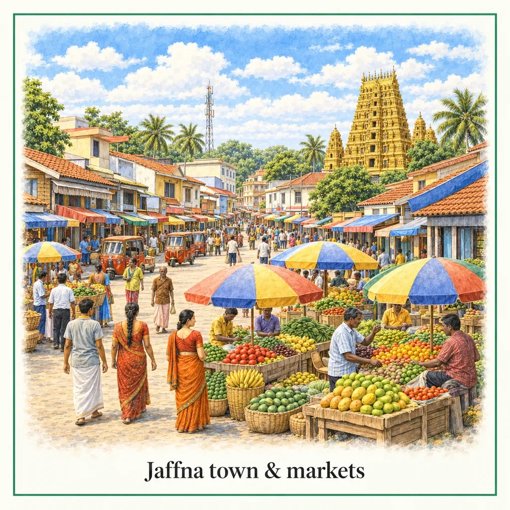 Watercolour postcard of Jaffna town market Sri Lanka local life street market culture things to do Jaffna