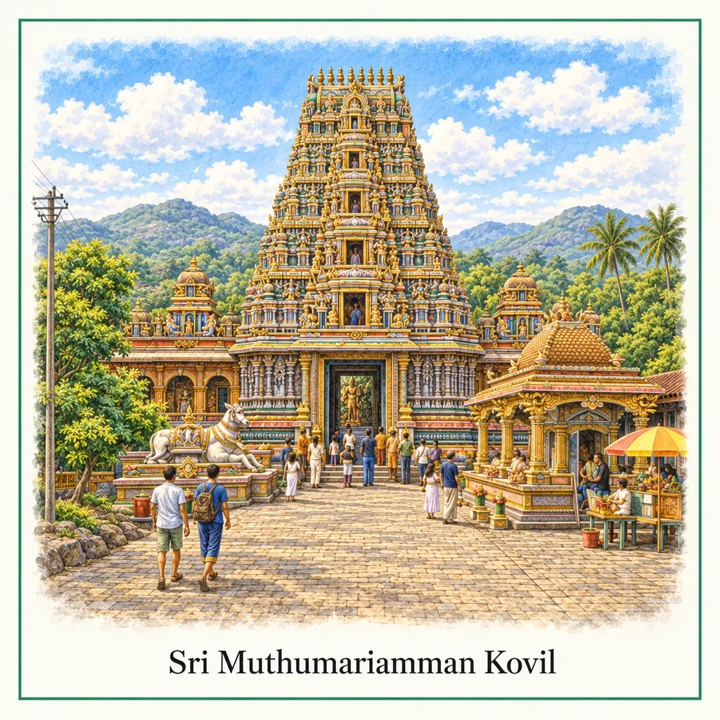 Watercolour postcard of Sri Muthumariamman Kovil Matale Sri Lanka colorful Hindu temple cultural landmark