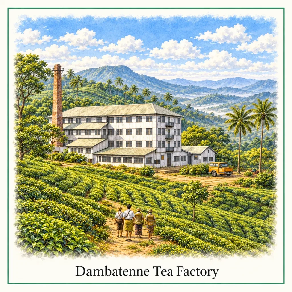 Watercolour postcard of Dambatenne Tea Factory Haputale Sri Lanka Lipton tea plantation factory tour hill country