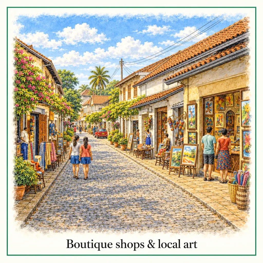 Watercolour postcard of Galle Fort boutique shops local art Sri Lanka shopping street historic fort things to do Galle
