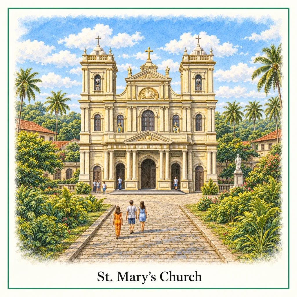 Watercolour postcard of St Mary’s Church Negombo Sri Lanka catholic church colonial architecture