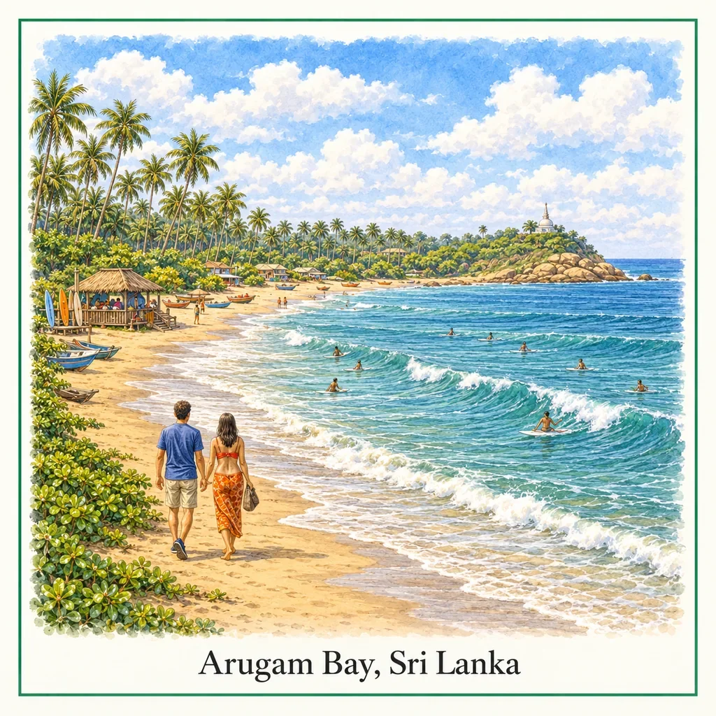 Watercolour postcard of Arugam Bay
