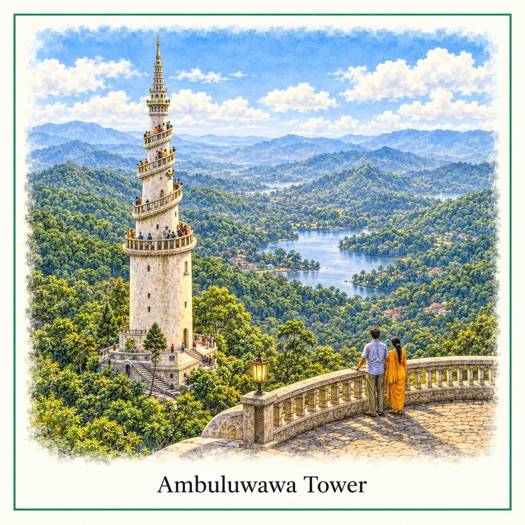 Watercolour postcard of Ambuluwawa Tower Kandy Sri Lanka spiral tower viewpoint panoramic views mountains
