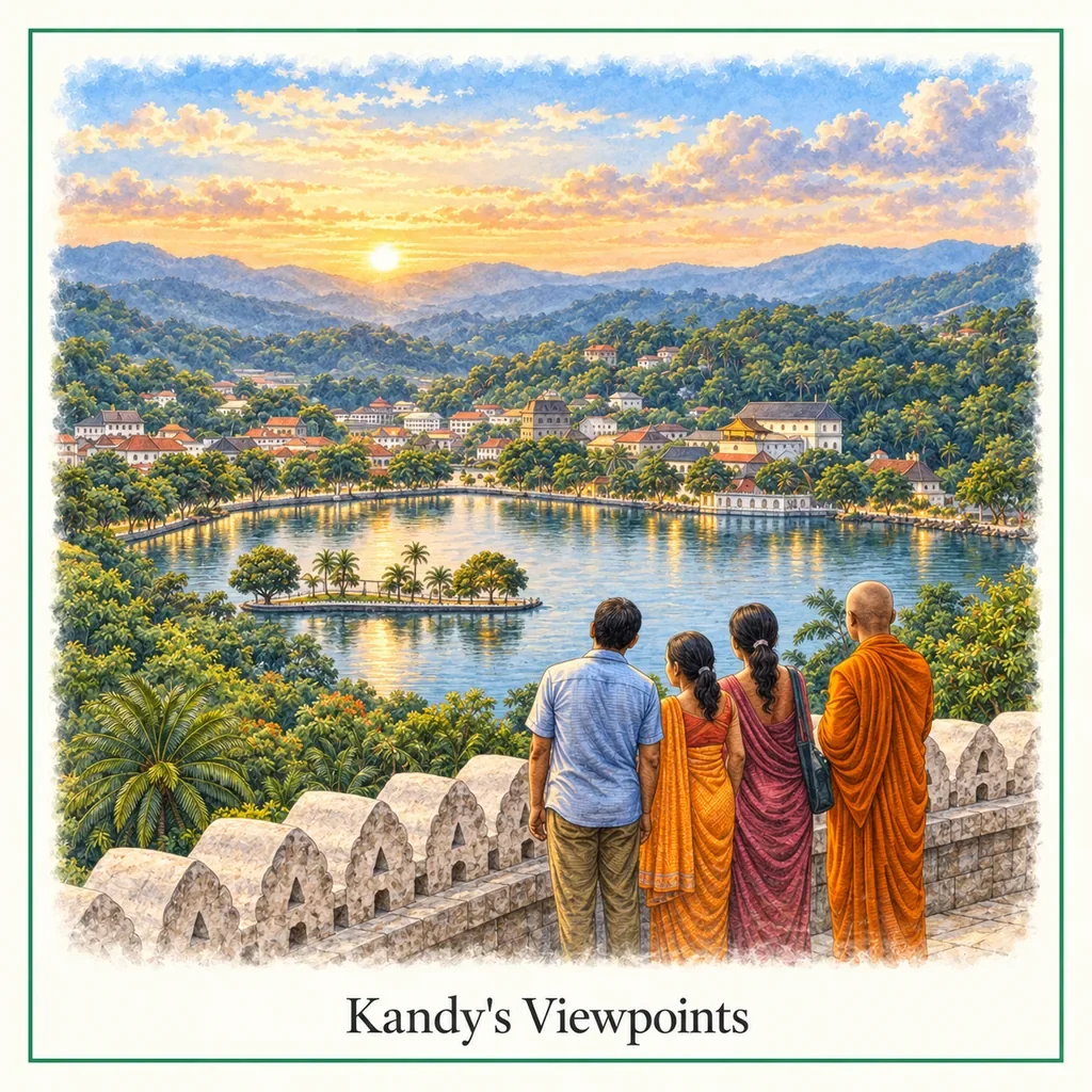 Watercolour postcard of Kandy viewpoints Sri Lanka panoramic views over Kandy Lake and city hills