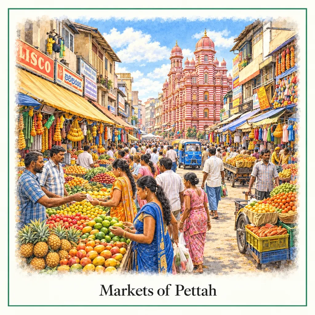 Watercolor postcard: Pettah market Colombo Sri Lanka busy street market local culture shopping travel experience