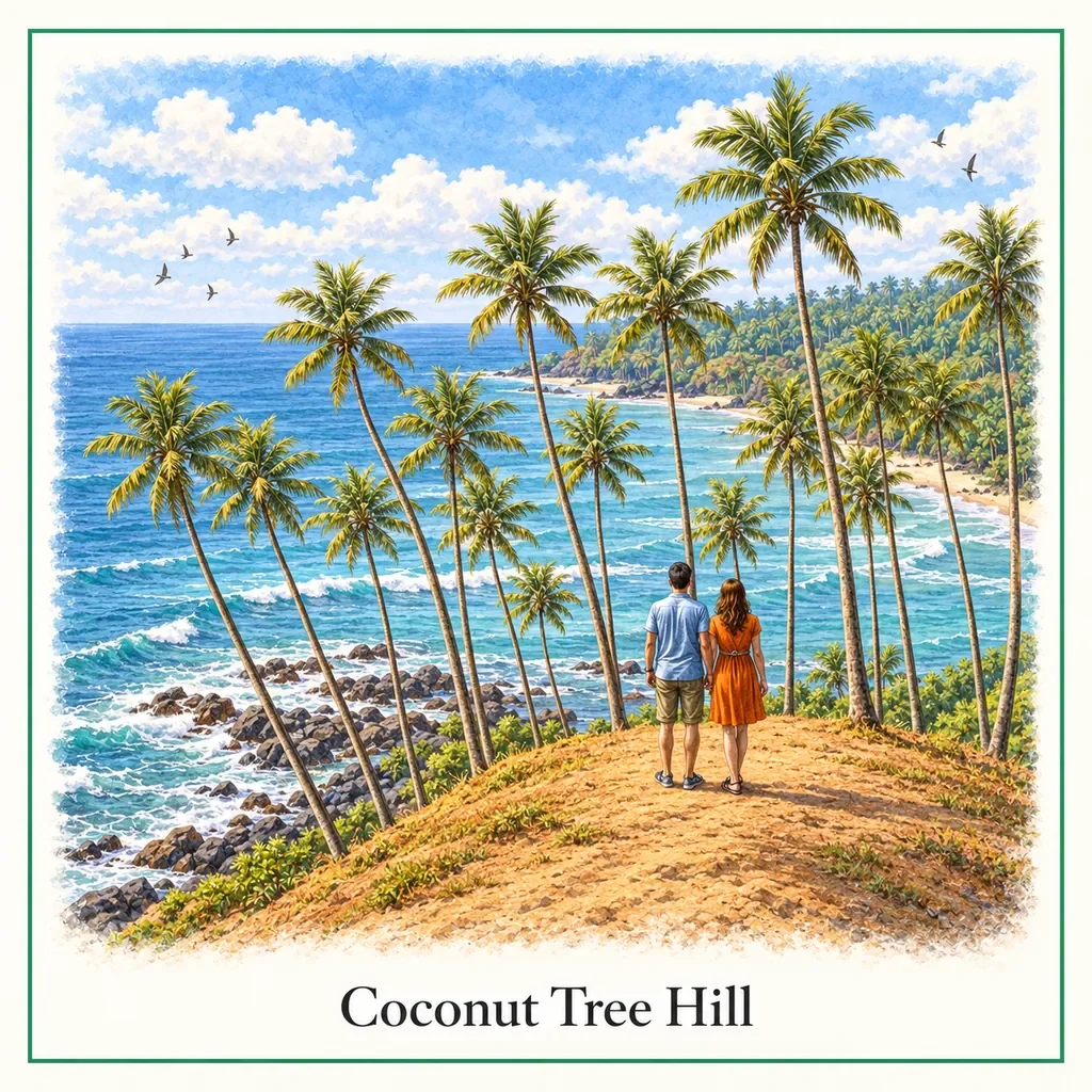 Watercolour postcard of Coconut Tree Hill Mirissa Sri Lanka palm trees viewpoint sunset iconic photo spot