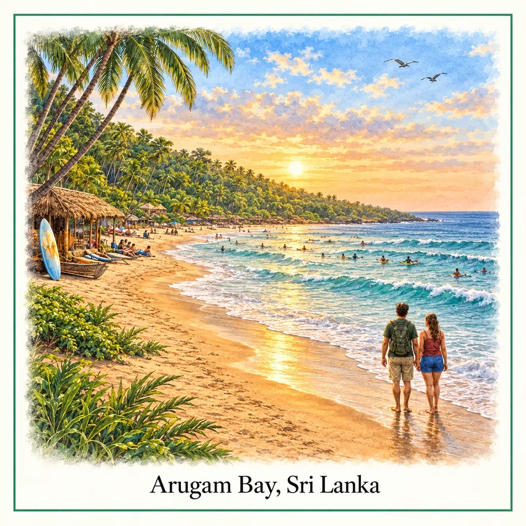 Watercolor postcard: Arugam Bay beach Sri Lanka tropical coastline palm trees surfing destination sunset