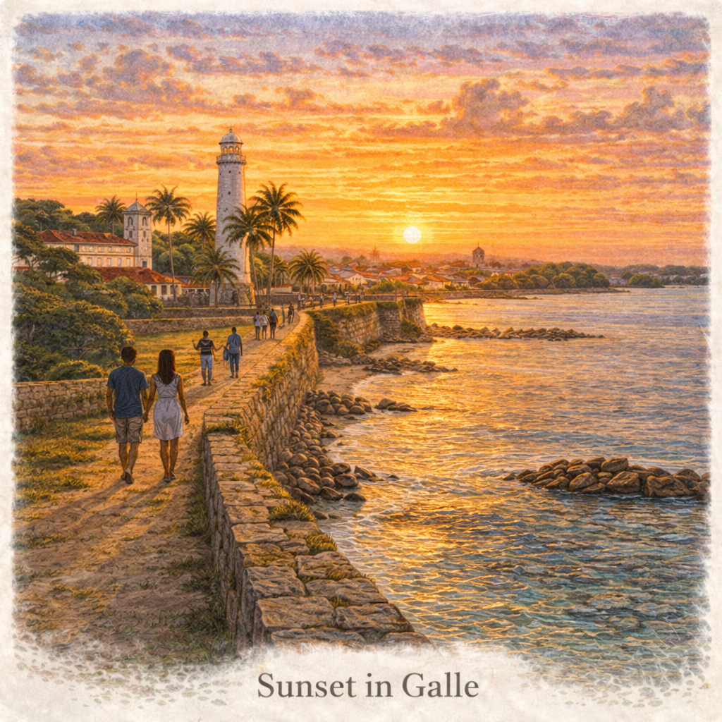 Galle Fort sunset Sri Lanka ocean view golden hour coastal walk romantic travel moment