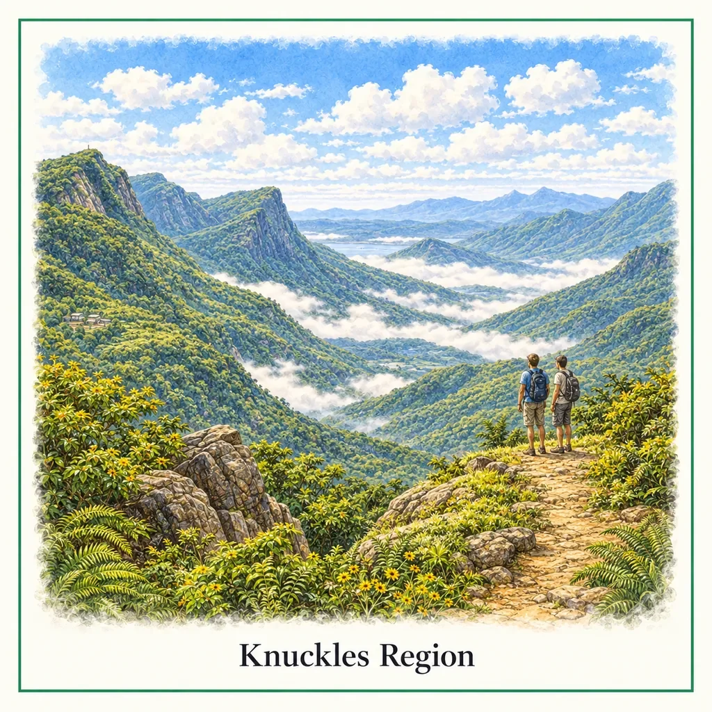 Watercolour postcard of Knuckles region Matale Sri Lanka mountain landscape hiking nature scenic views