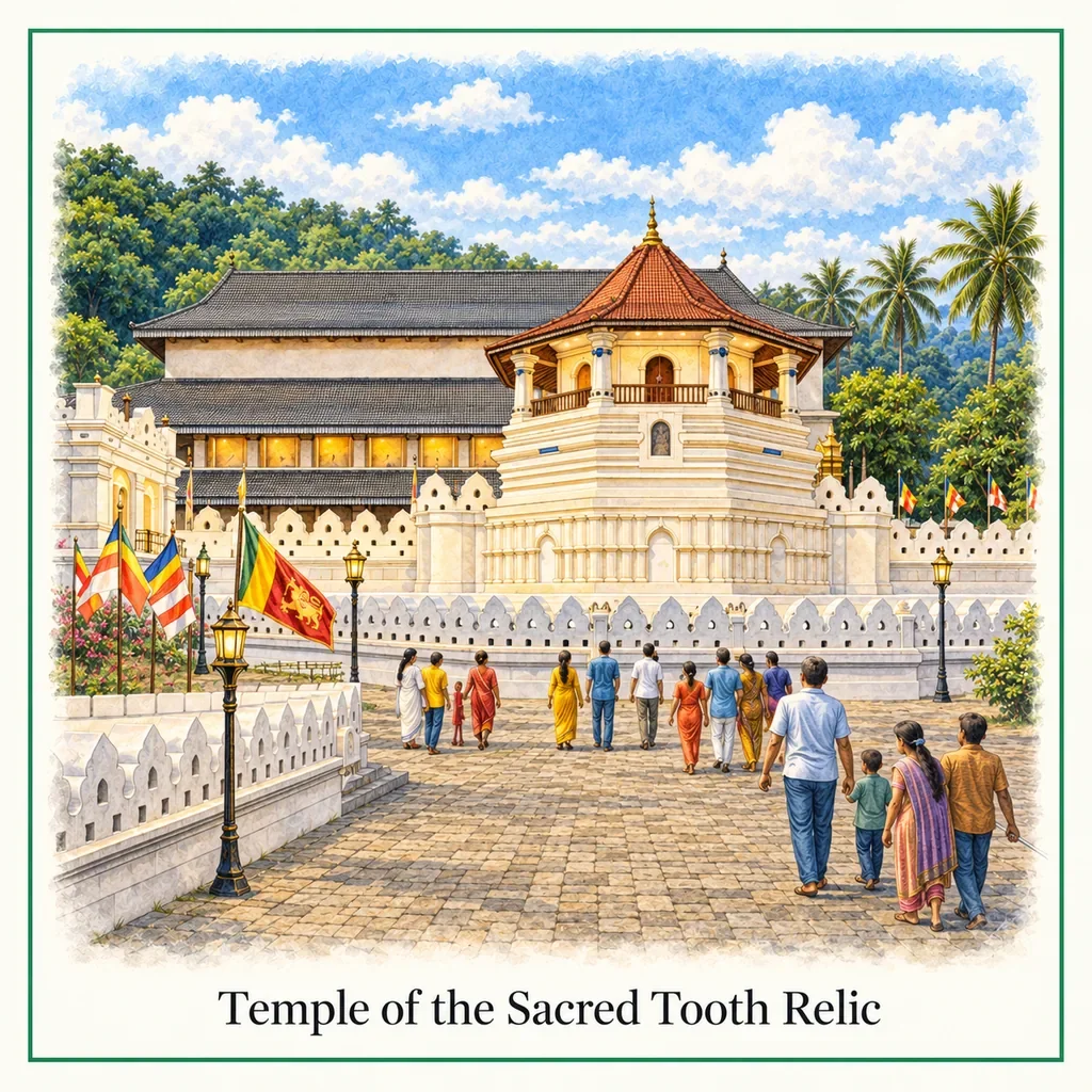 Watercolour postcard of Temple of the Sacred Tooth Relic Kandy Sri Lanka sacred Buddhist temple UNESCO heritage