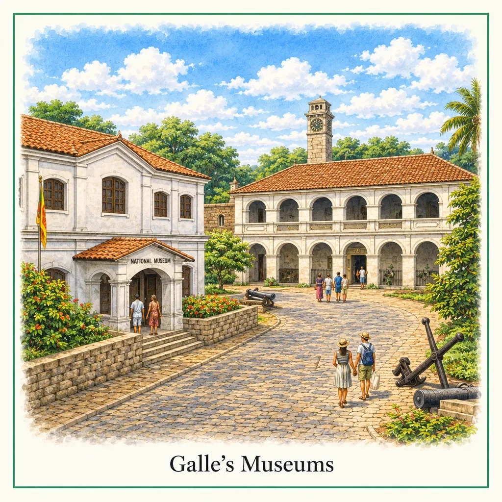 Watercolour postcard of Galle museums Sri Lanka historic buildings maritime museum cultural attractions Galle Fort
