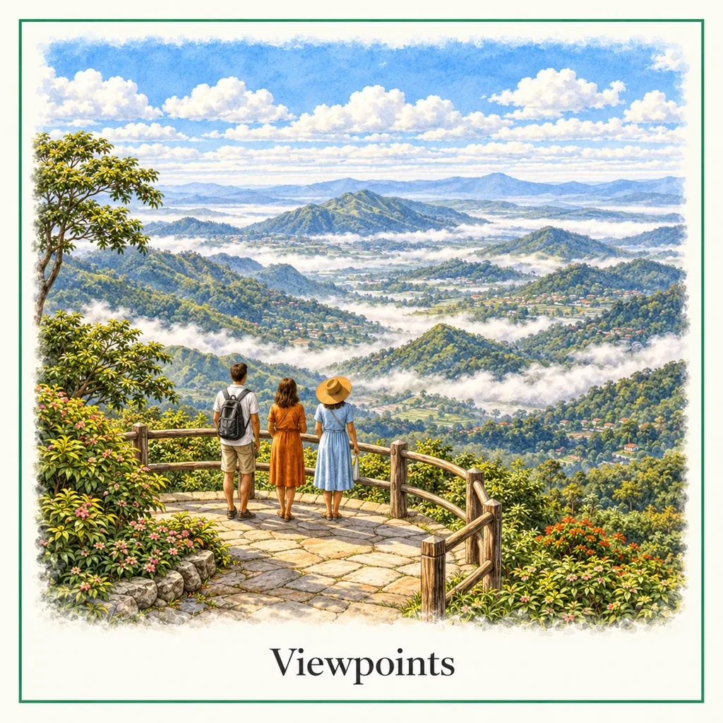 Watercolour postcard of Haputale viewpoints Sri Lanka mountain views panoramic landscapes hill country sunrise