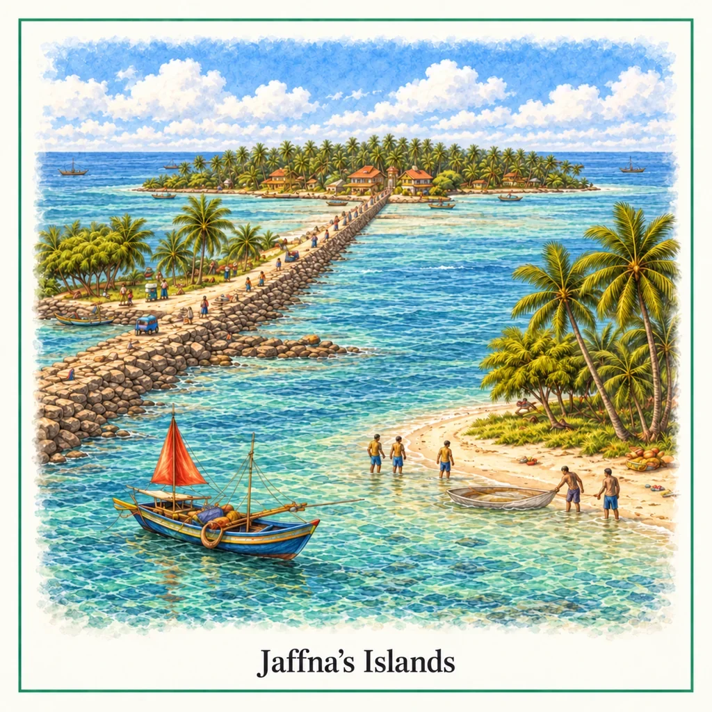 Watercolour postcard of Jaffna islands northern coast Sri Lanka tropical beaches fishing villages off the beaten path