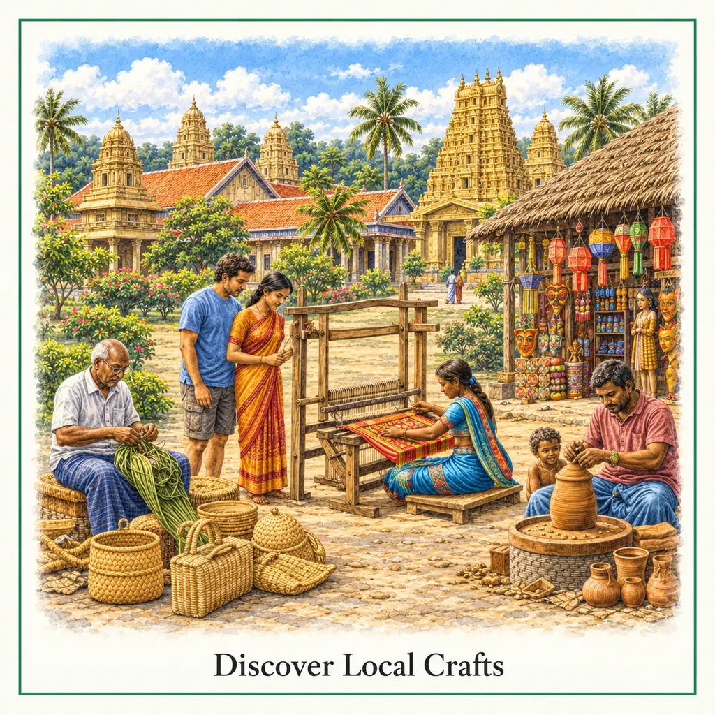 Watercolour postcard of Jaffna local crafts Sri Lanka handicrafts weaving pottery traditional artisan culture