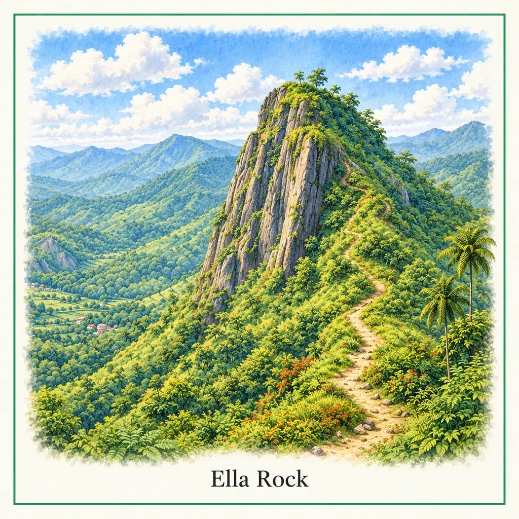 Watercolour postcard of Ella Rock Sri Lanka hiking trail panoramic viewpoint mountain landscape things to do Ella