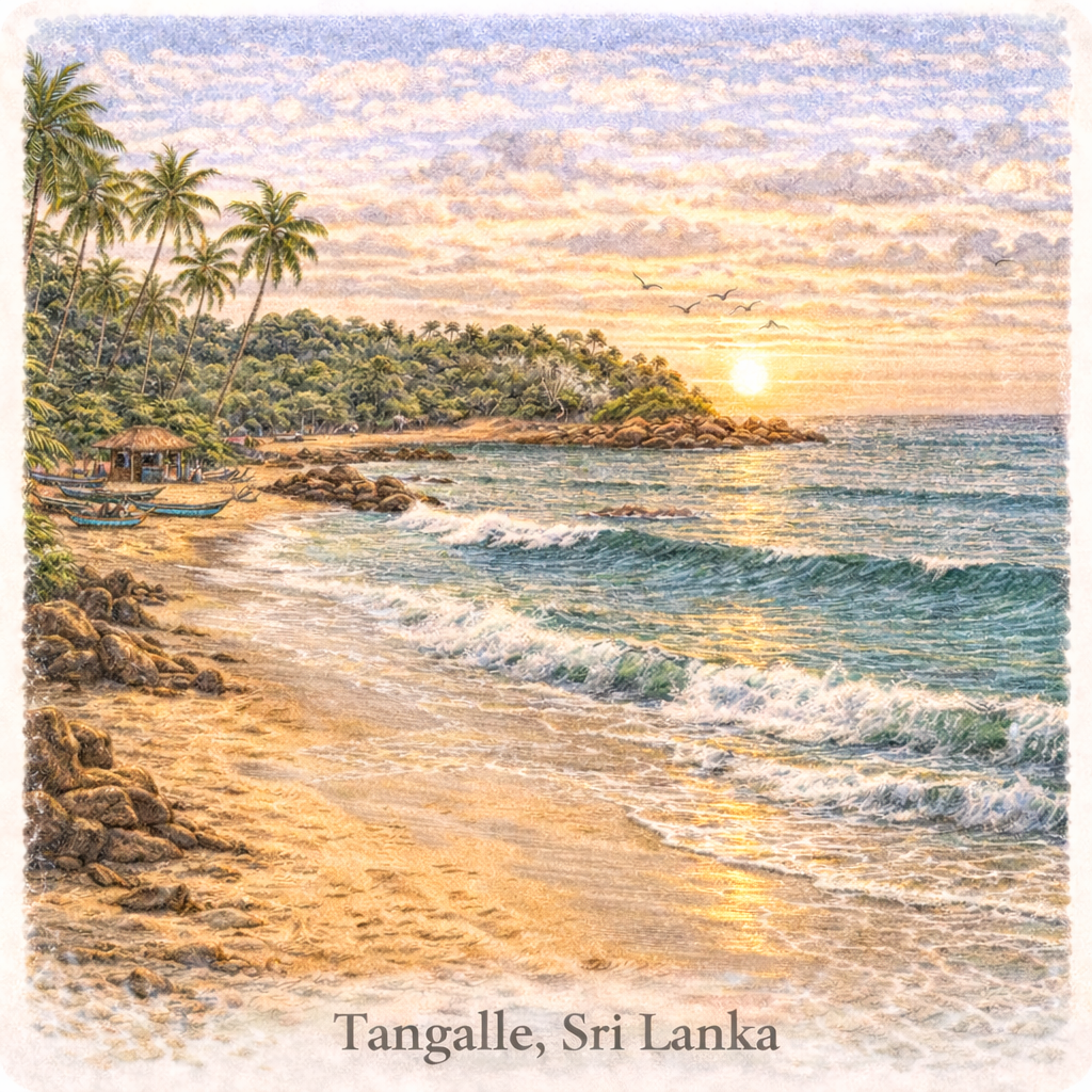 Tangalle Sri Lanka beach sunset quiet coastline palm trees south coast