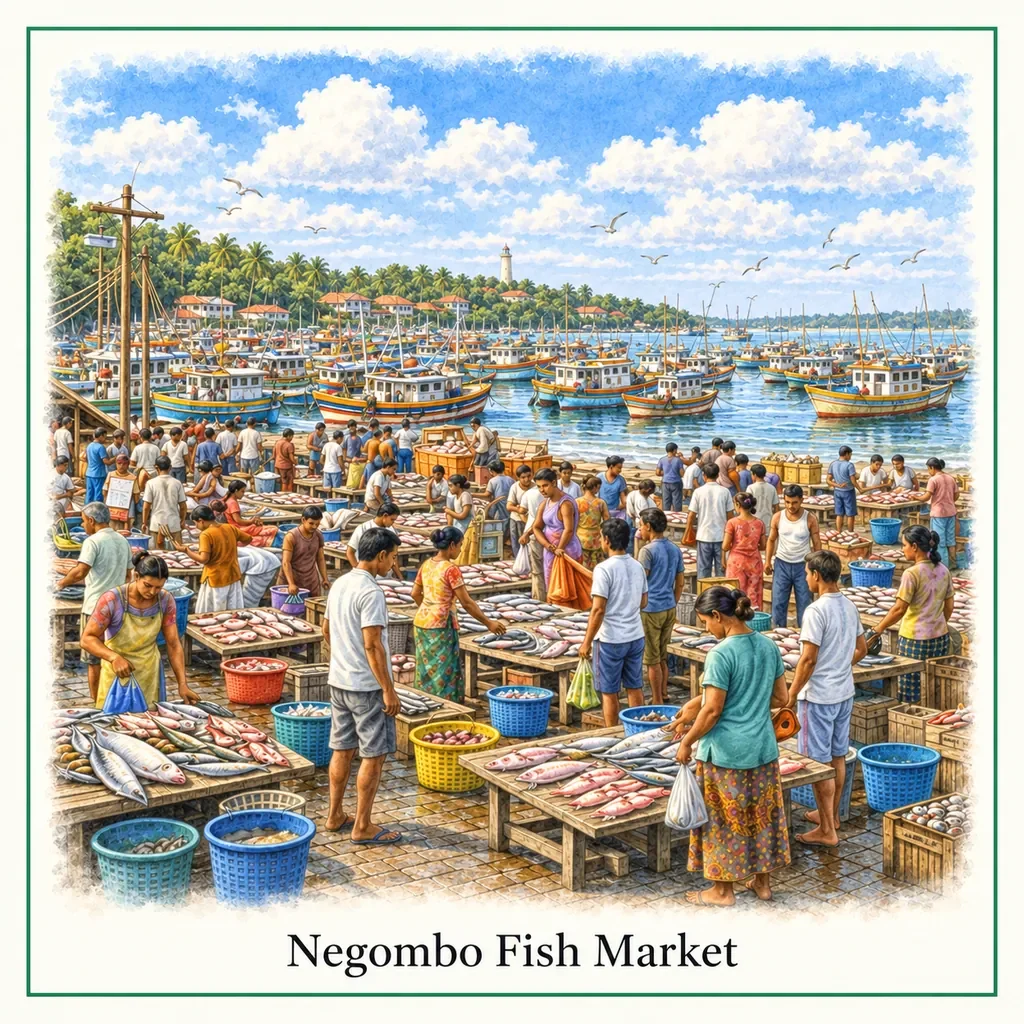Watercolour postcard of Negombo fish market Sri Lanka local fishermen fresh fish market morning