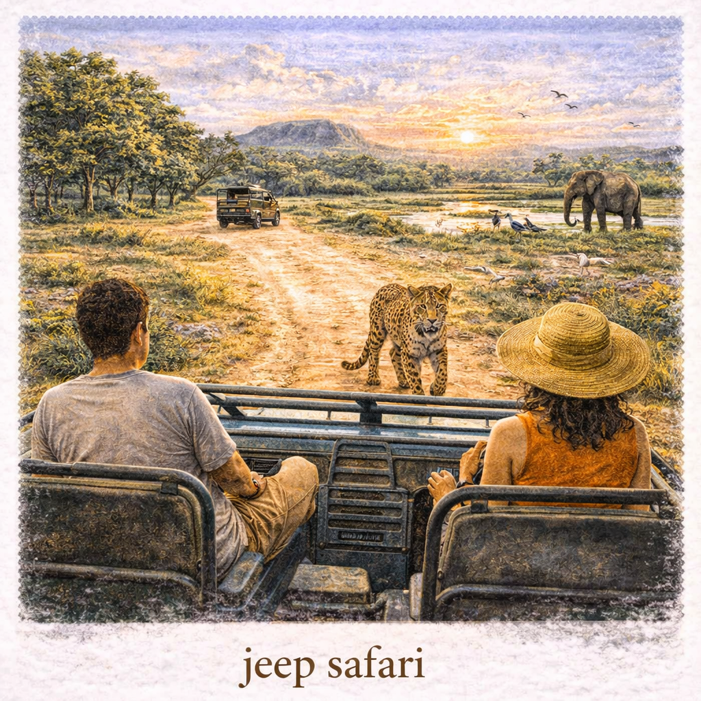 Yala National Park jeep safari Sri Lanka leopard elephant wildlife sunset