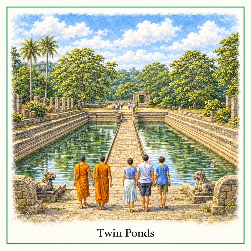 Watercolour illustration of the Twin Ponds at Abhayagiri, Anuradhapura
