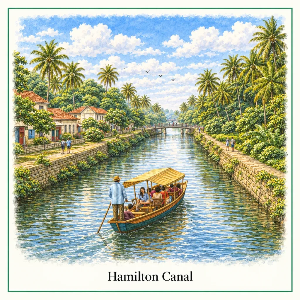 Watercolour postcard of Hamilton Canal Negombo Sri Lanka boat ride historic canal Dutch era