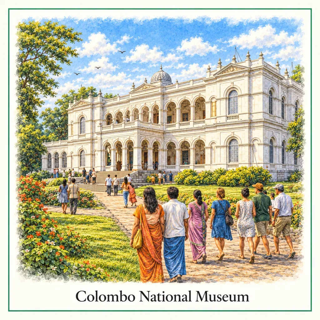 Watercolor postcard: Colombo National Museum Sri Lanka historic building cultural heritage museum things to do Colombo