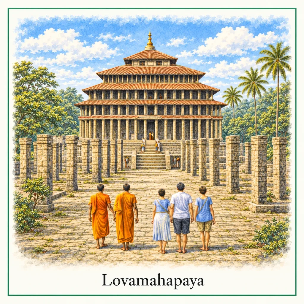 Watercolor postcard: Lovamahapaya Anuradhapura Sri Lanka ancient monastery ruins stone pillars historic Buddhist site