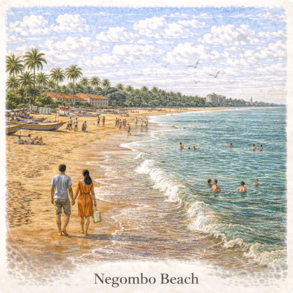 Negombo beach Sri Lanka sunset fishing boats palm trees west coast