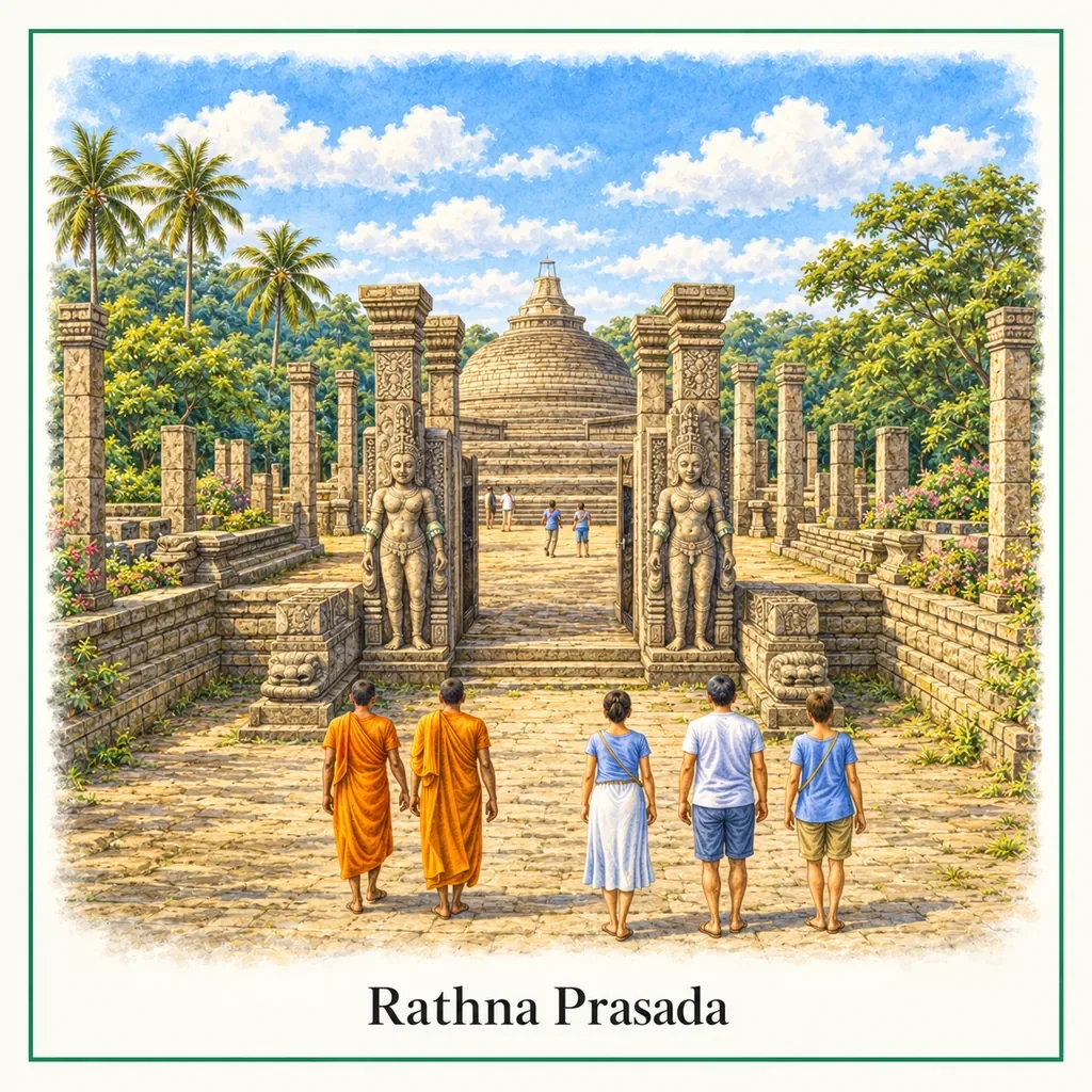 Watercolor postcard: Rathna Prasada Anuradhapura Sri Lanka ancient monastery ruins guardstone carvings historic Buddhist site
