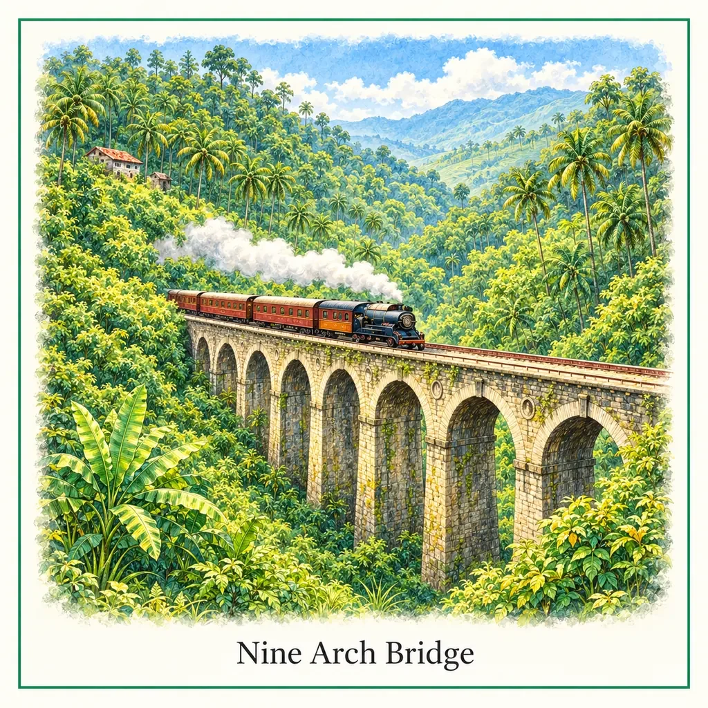 Watercolour postcard of Nine Arch Bridge Ella Sri Lanka famous railway bridge train travel iconic landmark