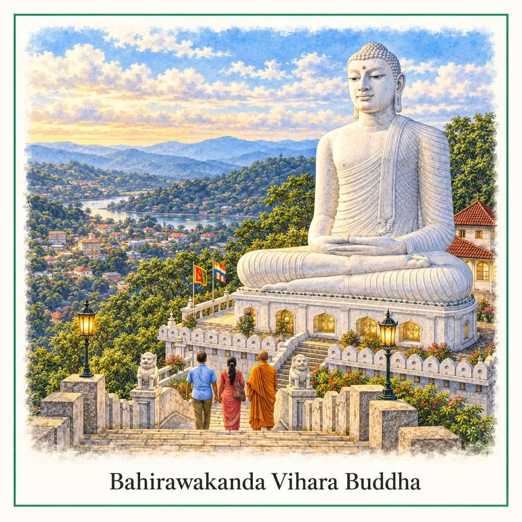 Watercolour postcard of Bahirawakanda Vihara Buddha Kandy Sri Lanka giant Buddha statue hilltop temple viewpoint