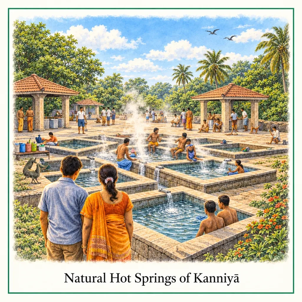 Watercolour postcard of Kanniya hot springs Trincomalee Sri Lanka natural hot wells bathing pools