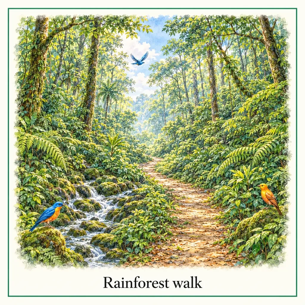 Watercolour postcard of Sinharaja rainforest walk Sri Lanka jungle hike UNESCO forest nature trail