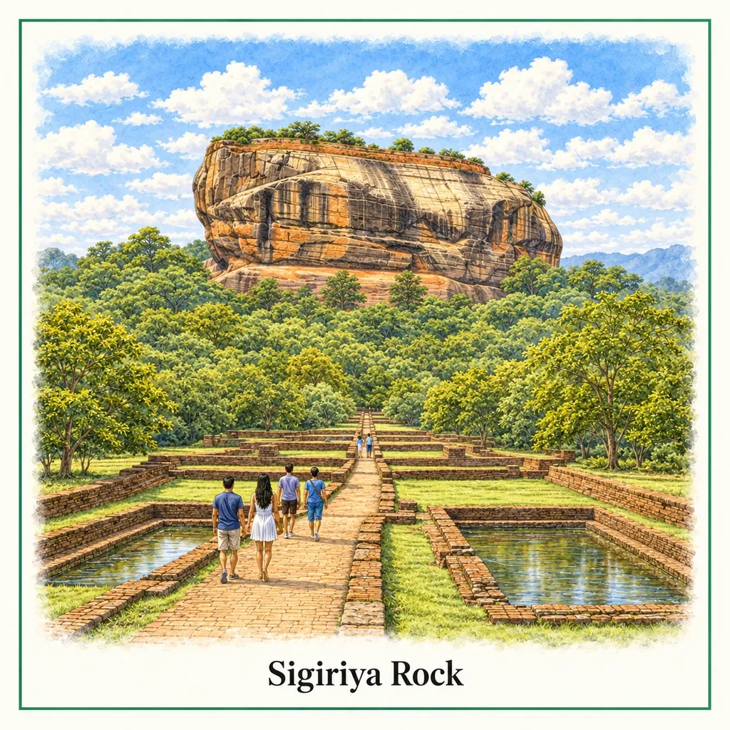 Watercolour postcard of Sigiriya Rock Sri Lanka Lion Rock UNESCO world heritage ancient fortress