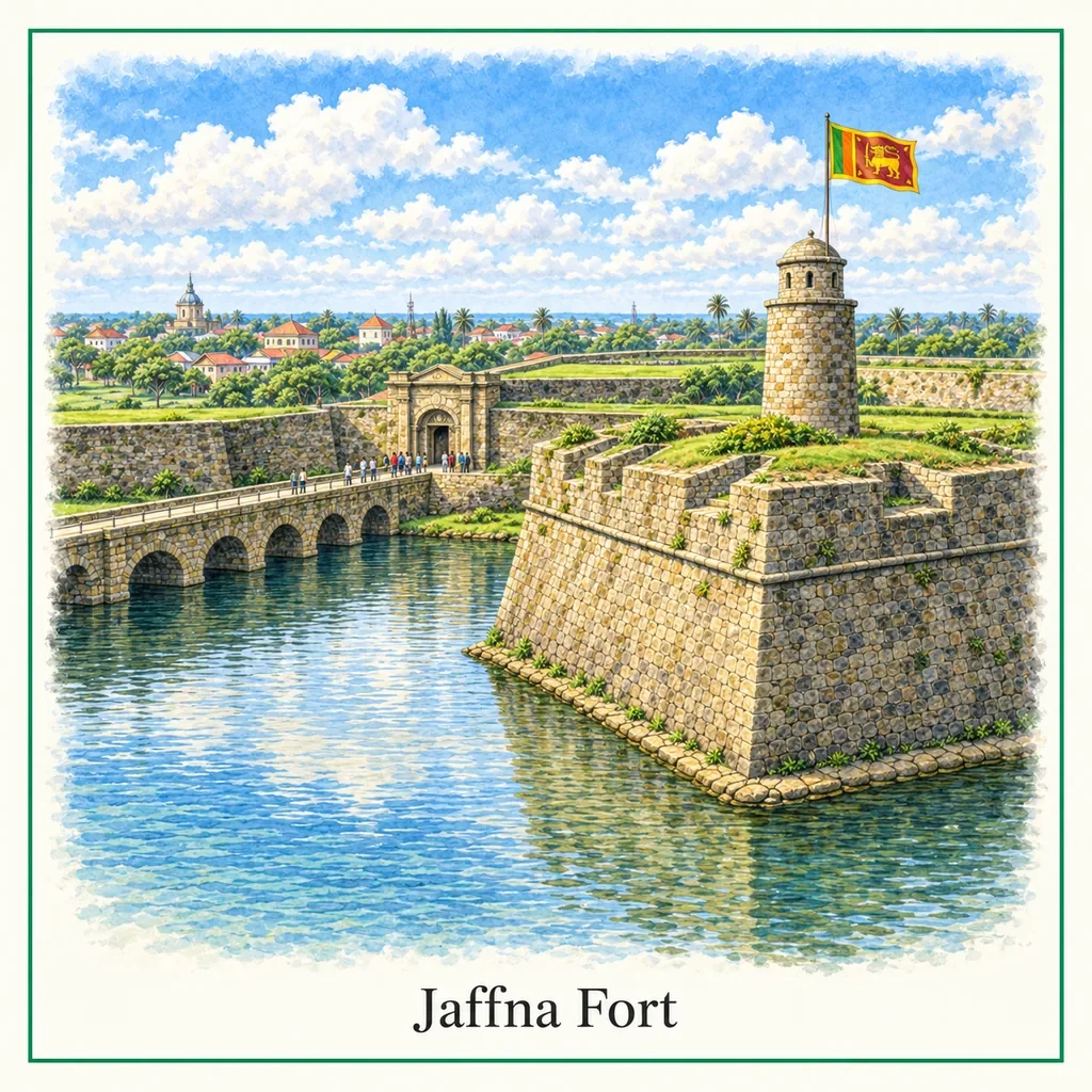 Watercolour postcard of Jaffna Fort Sri Lanka Dutch colonial fortress historic landmark things to do Jaffna