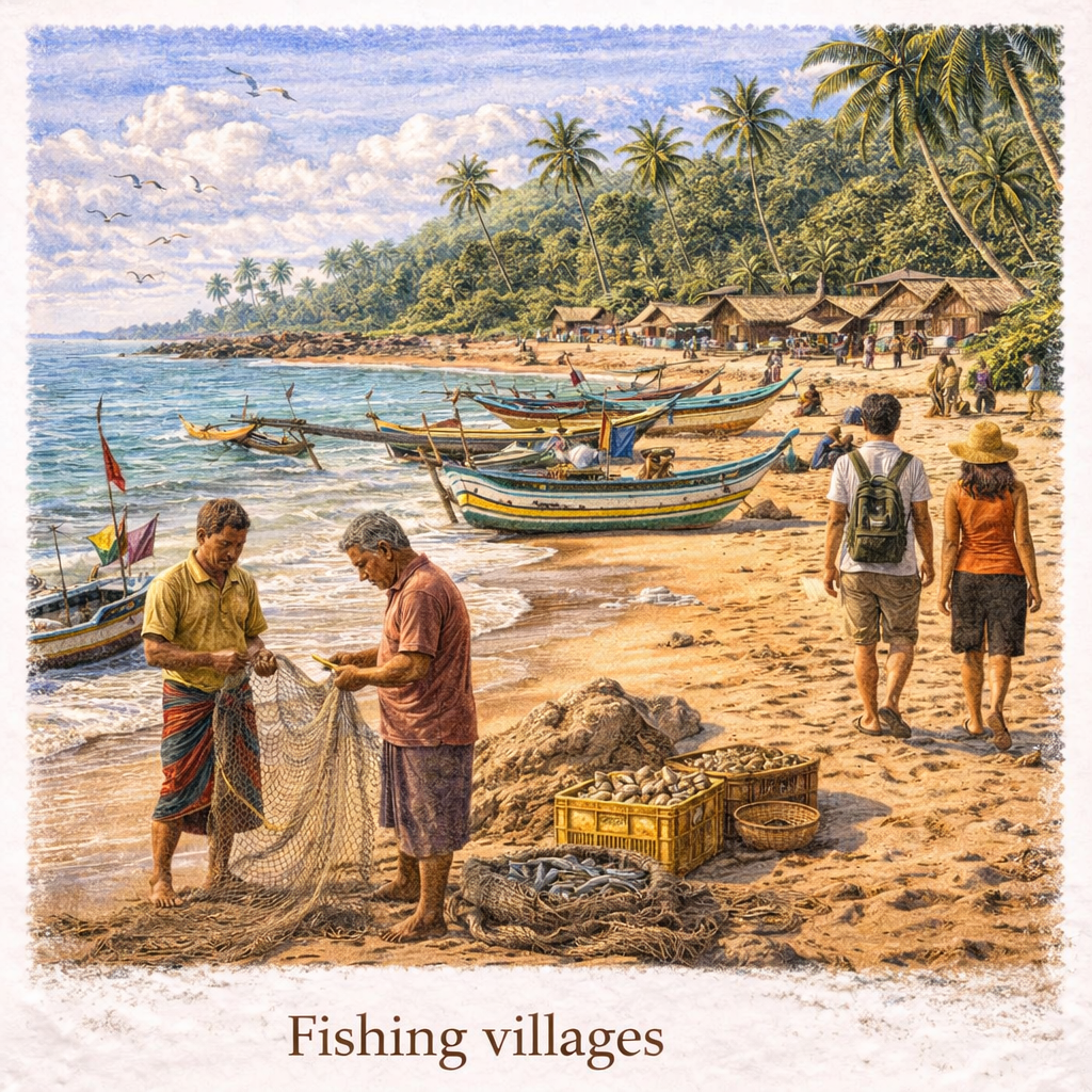 fishing villages Tangalle Sri Lanka local fishermen traditional boats coastal life