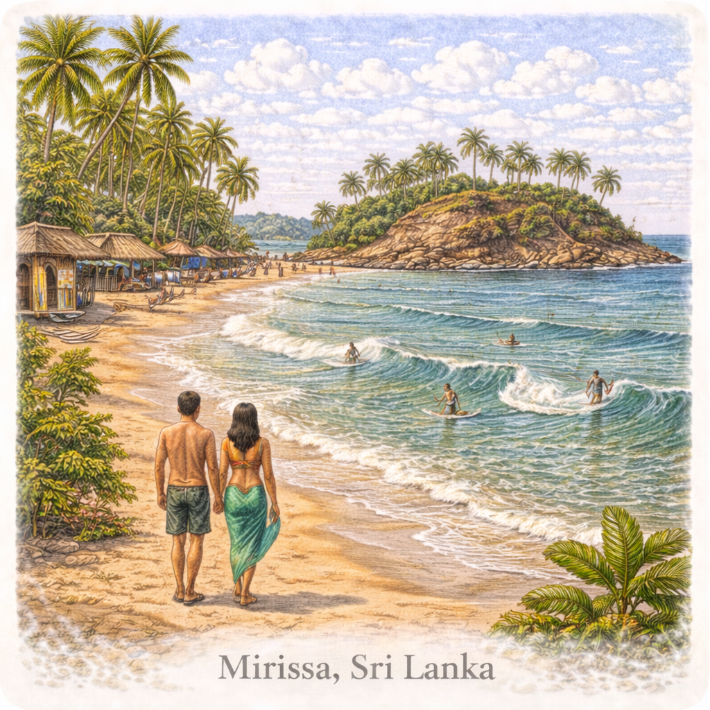 Mirissa beach Sri Lanka tropical beach palm trees swimming sunset south coast