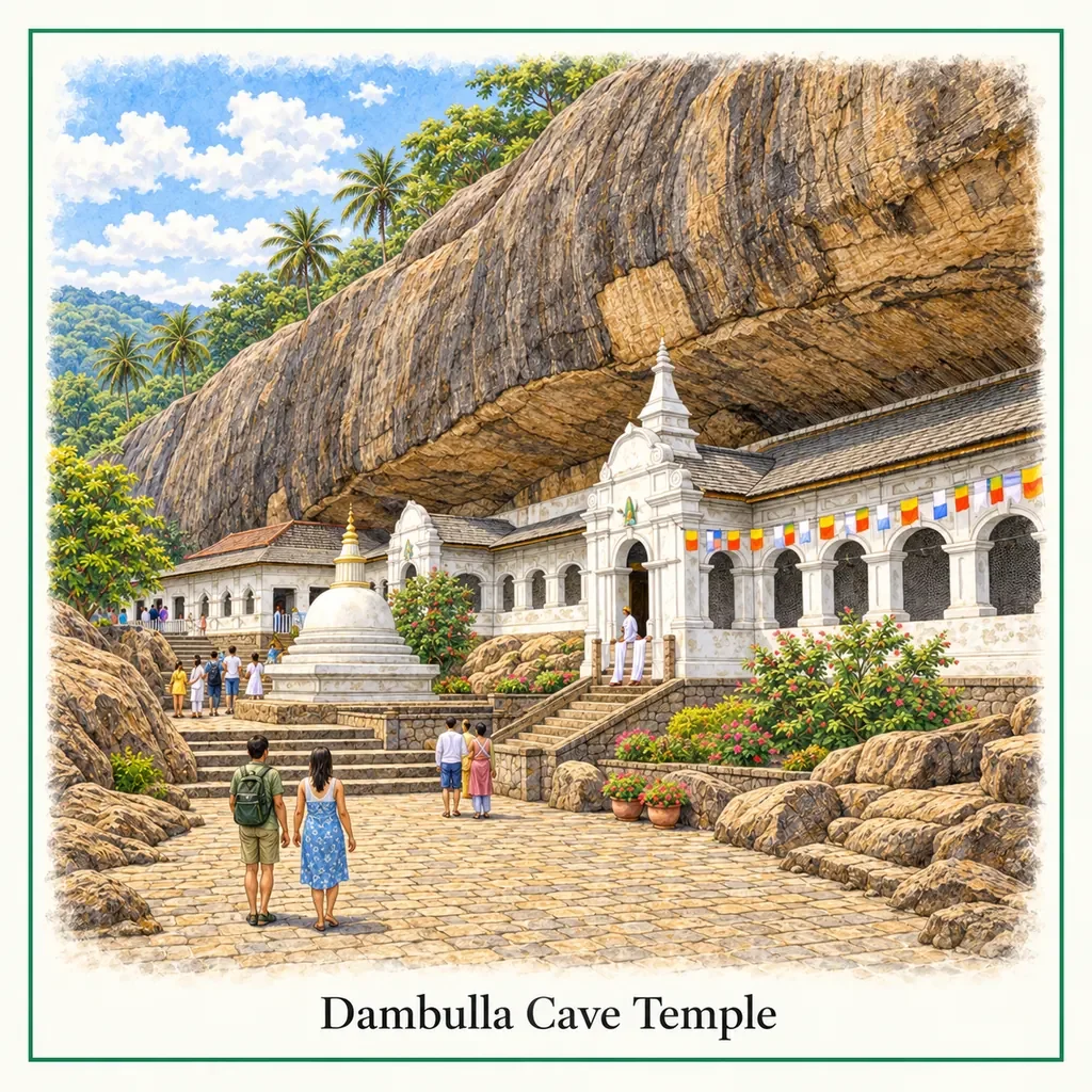 Watercolor postcard: Dambulla Cave Temple Sri Lanka famous Buddhist rock temple UNESCO site things to do Dambulla