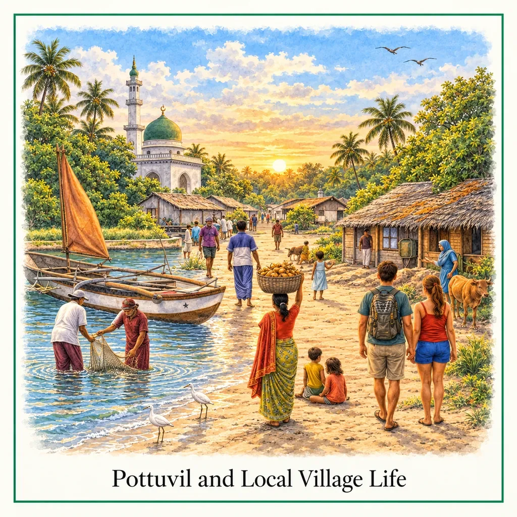 Watercolor postcard: Pottuvil village Arugam Bay Sri Lanka local life fishing boats culture travel experience