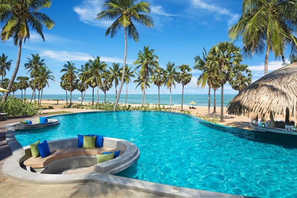 Beachfront swimming pool and palm-lined beach at Jetwing Surf near Arugam Bay
