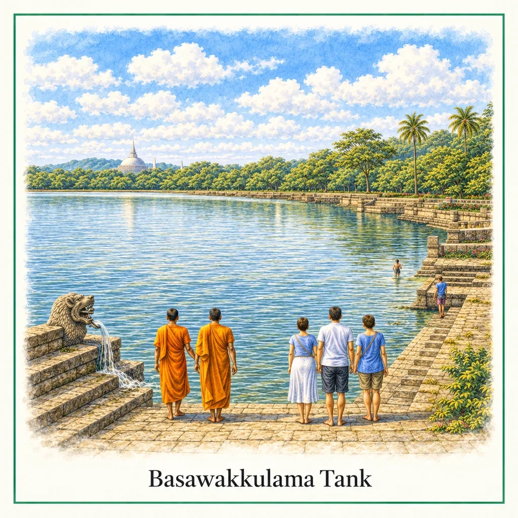 Watercolor postcard: Basawakkulama Tank Anuradhapura Sri Lanka ancient reservoir scenic lake historic irrigation site