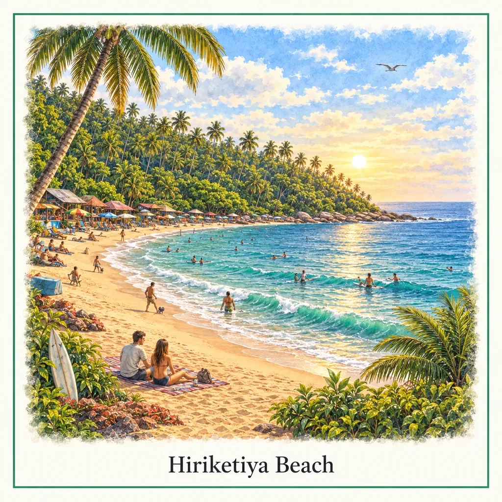 Watercolour postcard of Hiriketiya Beach Sri Lanka tropical bay palm trees surfing beach sunset things to do Hiriketiya