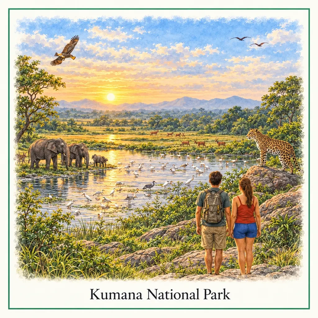 Watercolor postcard: Kumana National Park Sri Lanka wildlife safari elephants birds lagoon nature reserve