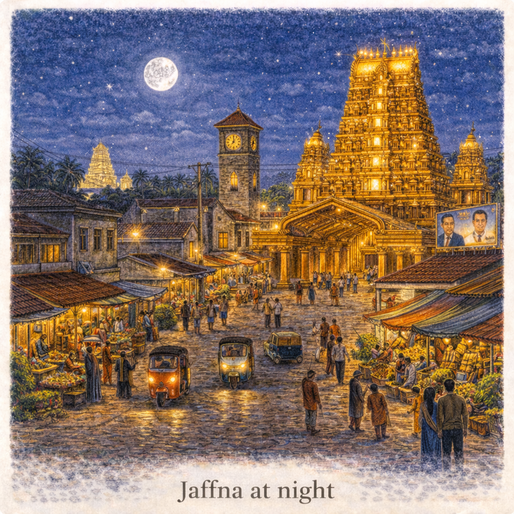 Jaffna city at night Sri Lanka illuminated temple street market local life travel experience