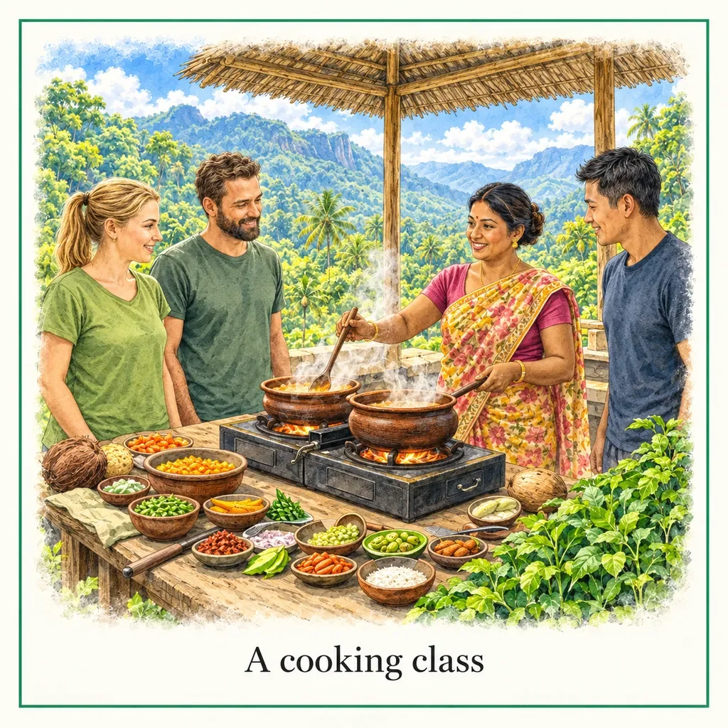 Watercolour postcard of Ella cooking class Sri Lanka local food experience traditional cuisine authentic travel activity
