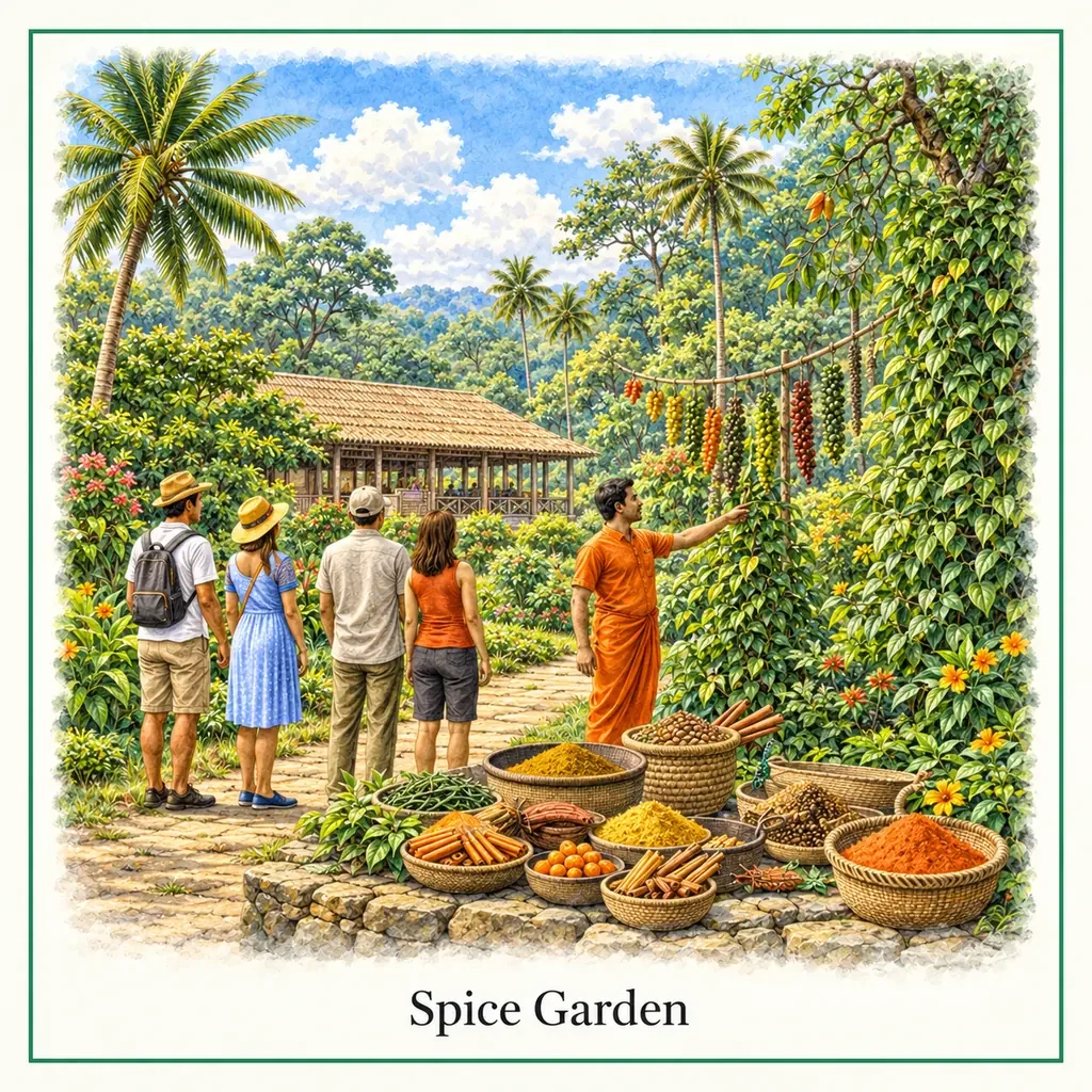 Watercolour postcard of Matale spice garden Sri Lanka spices cinnamon pepper tropical plantation tour