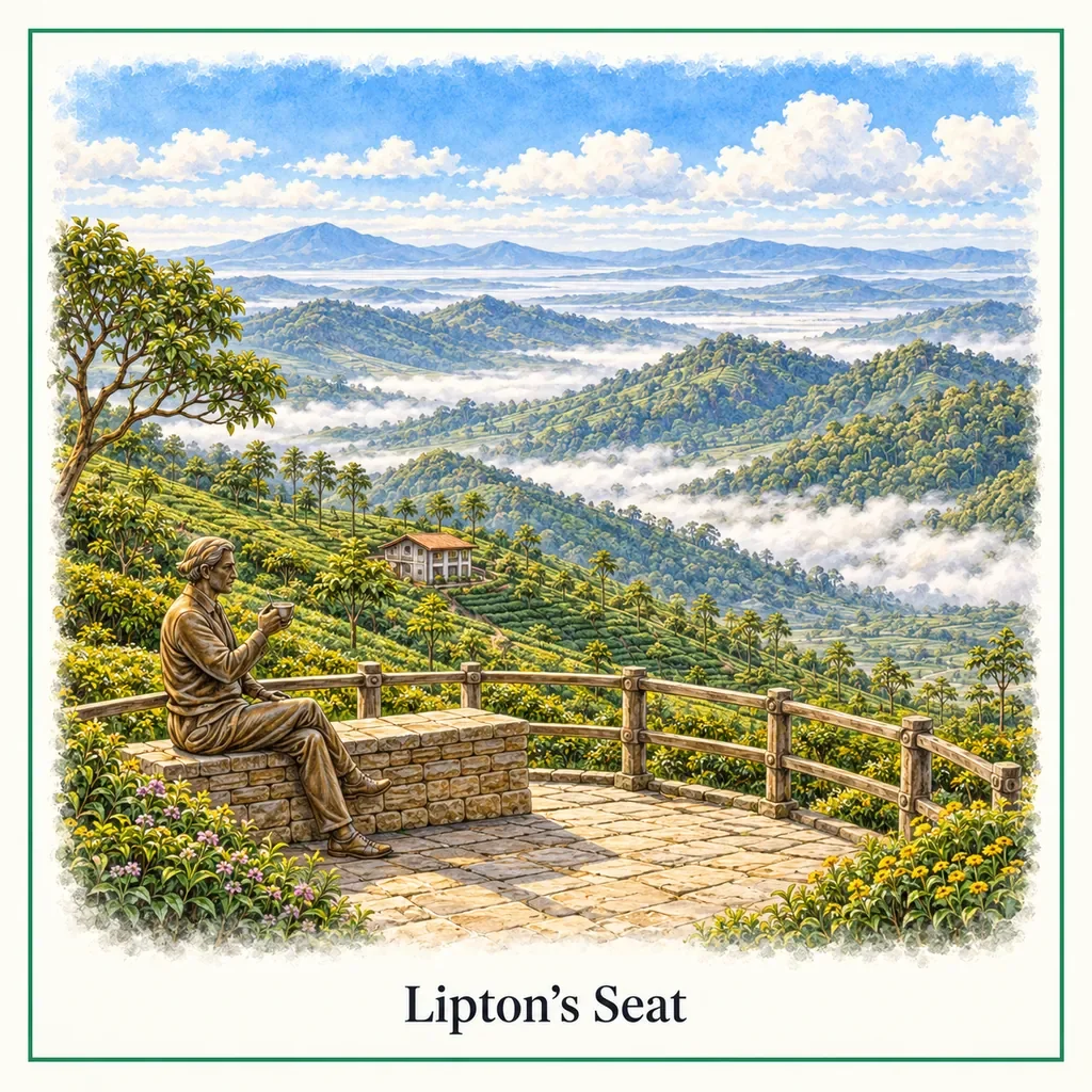 Watercolour postcard of Lipton’s Seat Haputale Sri Lanka panoramic viewpoint tea plantations sunrise view hill country