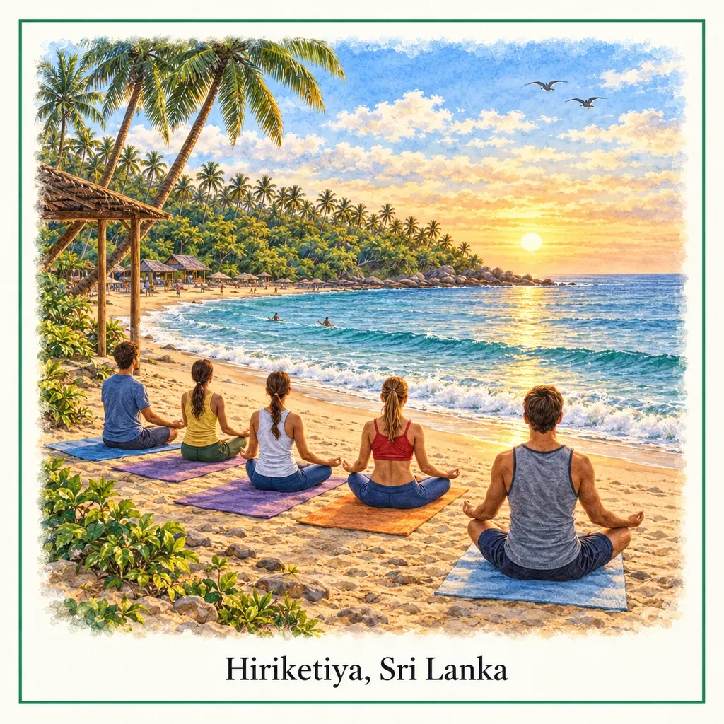 Watercolour postcard of Hiriketiya yoga Sri Lanka beach wellness sunrise yoga retreat tropical travel experience