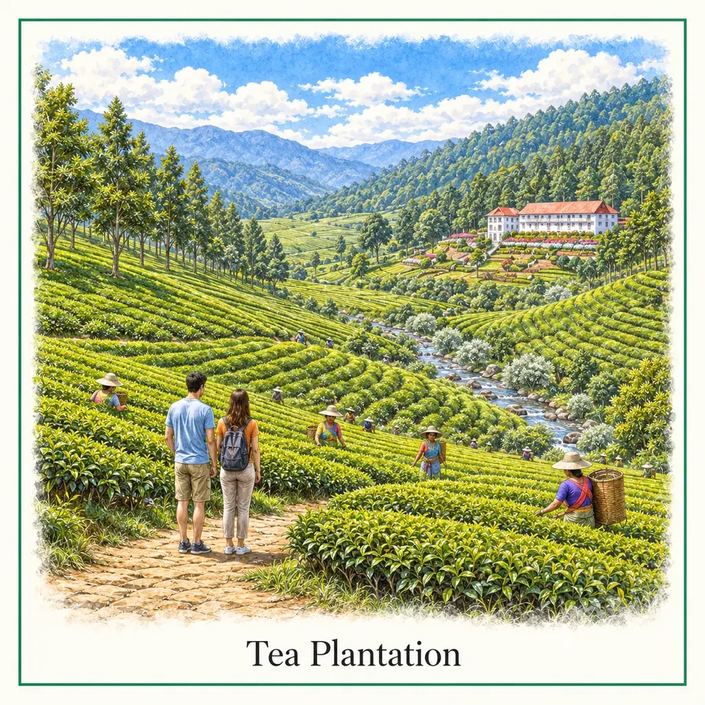 Watercolour postcard of tea plantation Nuwara Eliya Sri Lanka tea fields workers picking tea highlands