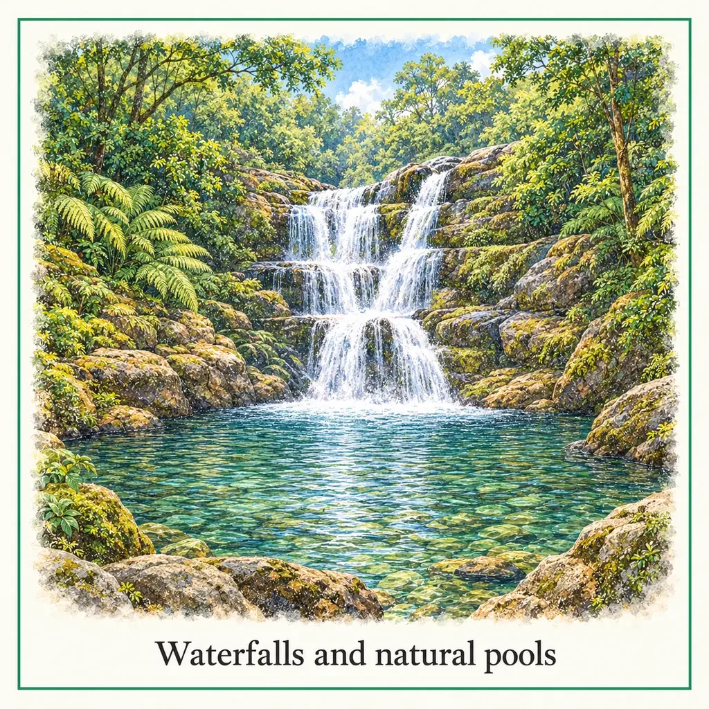 Watercolour postcard of Sri Lanka   Sinharaja Forest Reserve   Waterfalls and Natural Pools 2.0